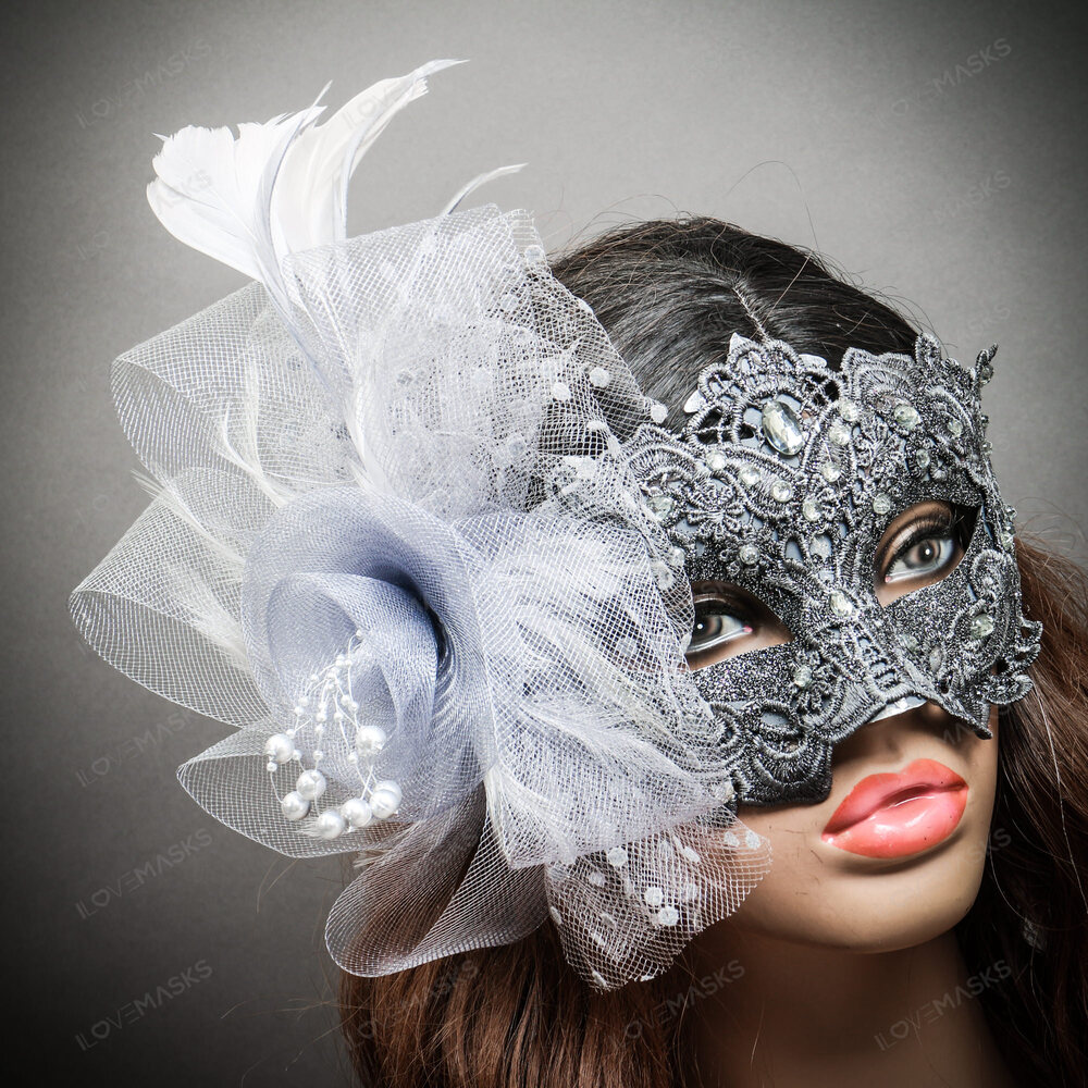 Flower Feather Mask Venetian Mardi Gras Masquerade - Silver - Picture 2 of 5